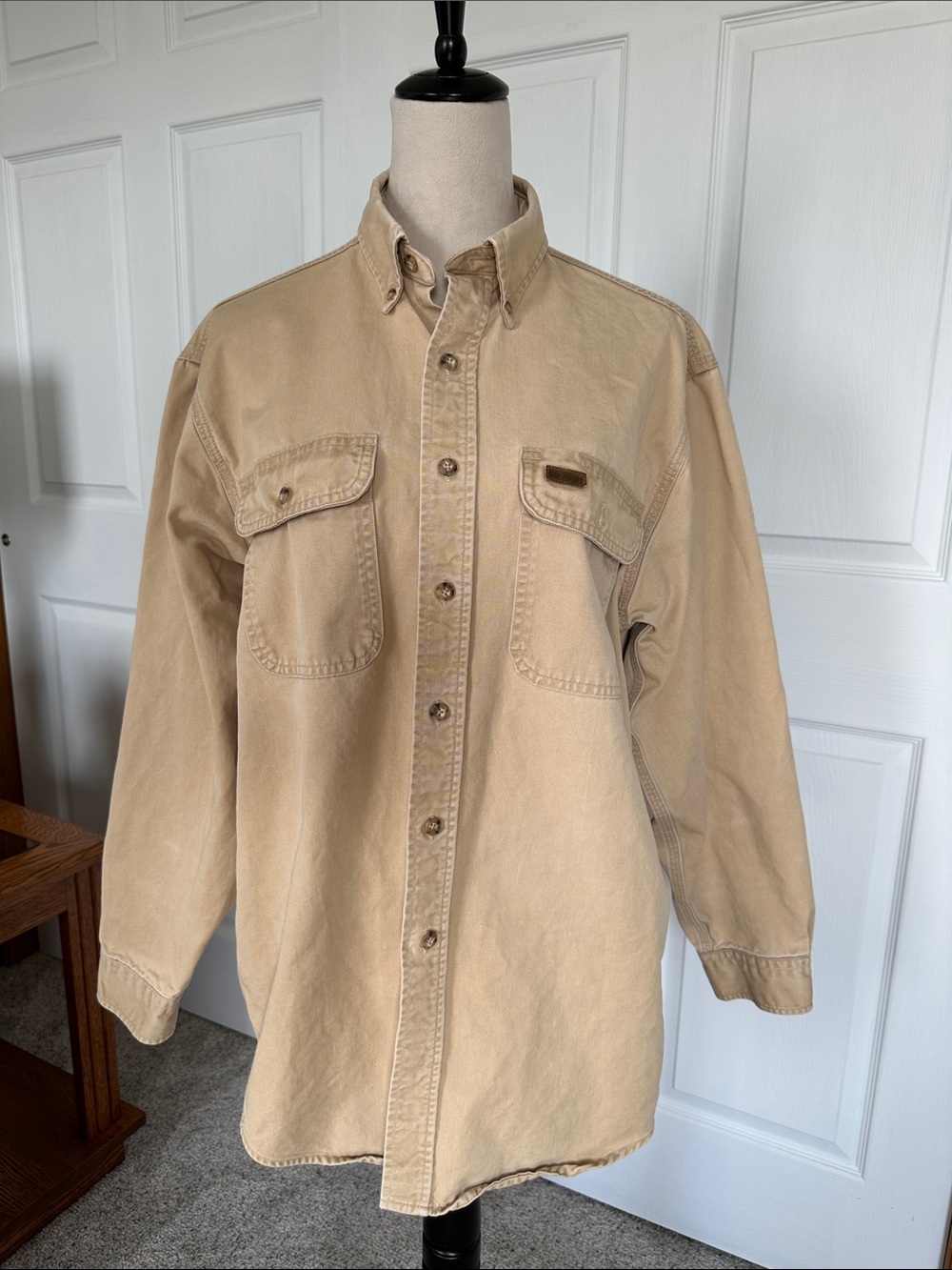 Carhartt button front shirt cotton long sleeve tan color Rugged outdoor wear XL
